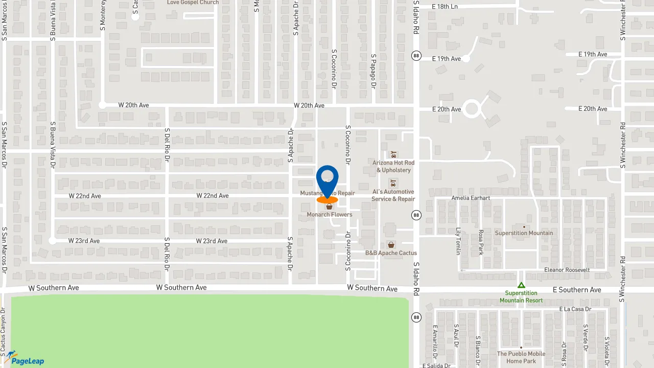 https://pageleap.com map showing location of Mustang Auto Repair and RV Storage in Apache Junction.