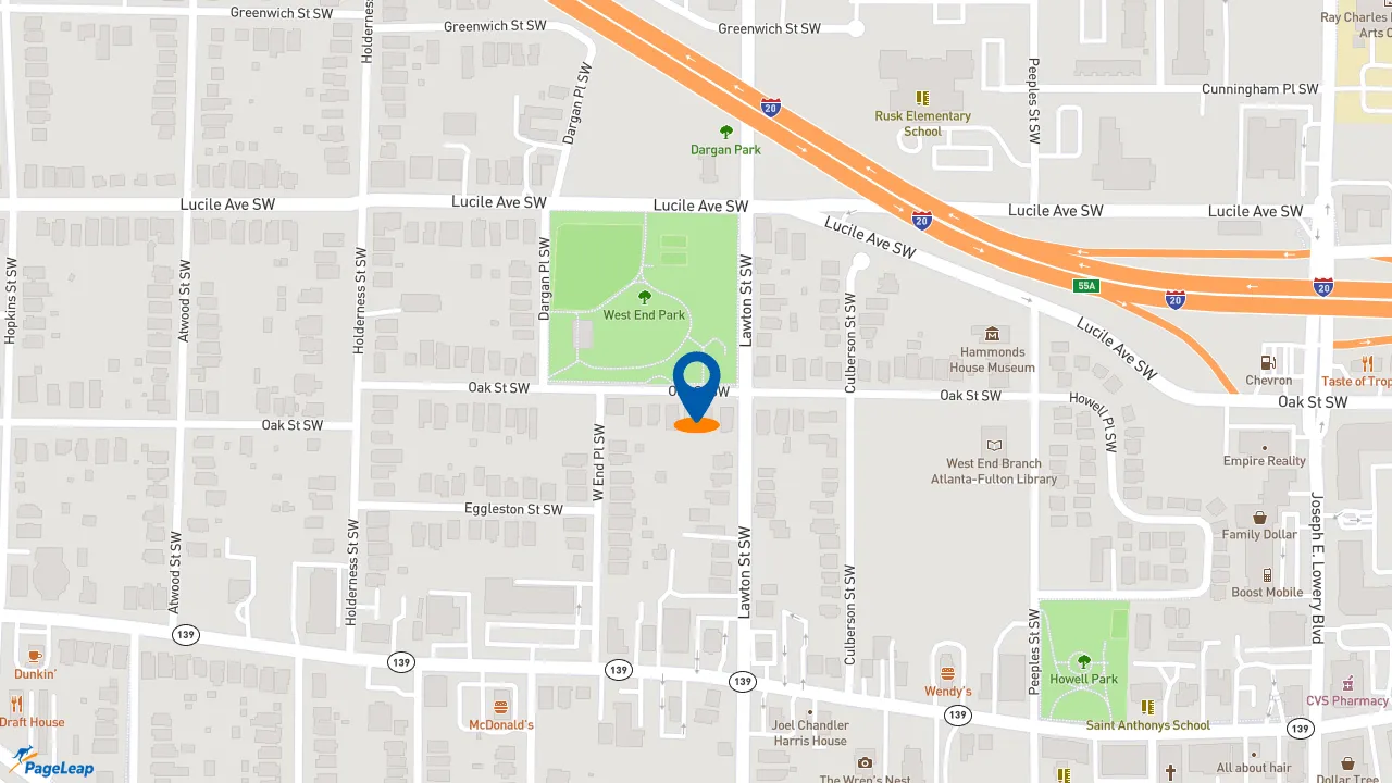 https://pageleap.com map showing location of NASCAR Refuel Burgers, Hot Dogs &amp; Wings in Atlanta.