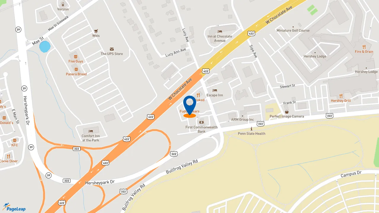 https://pageleap.com map showing location of NASCAR Refuel Burgers, Hot Dogs &amp; Wings in Hummelstown.