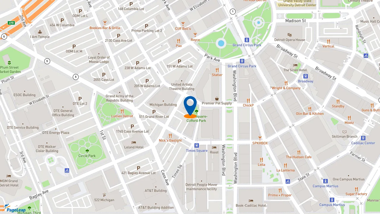 https://pageleap.com map showing location of NASCAR Refuel in Detroit.