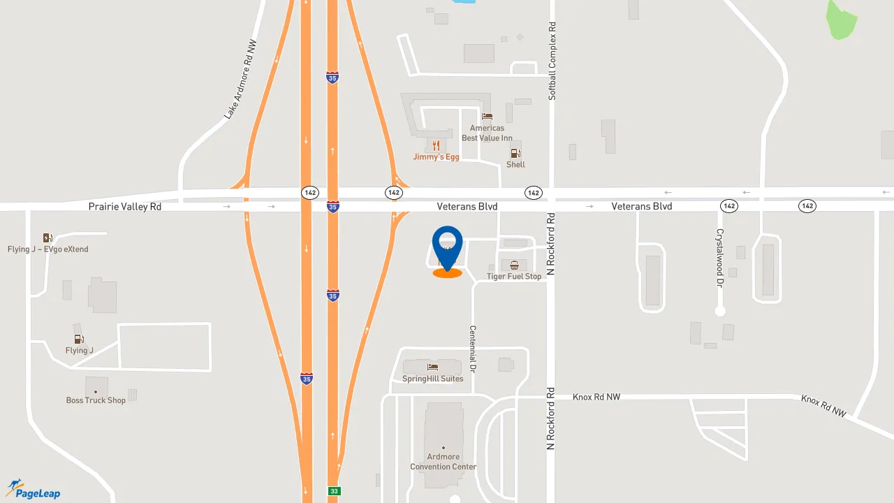 PageLeap.com map showing location of NASCAR Tenders & Burgers in Ardmore.