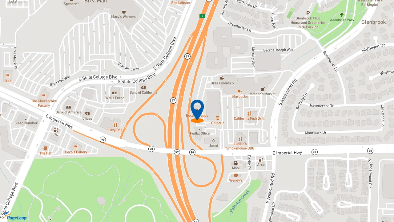 https://pageleap.com map showing location of NASCAR Wings in Brea.