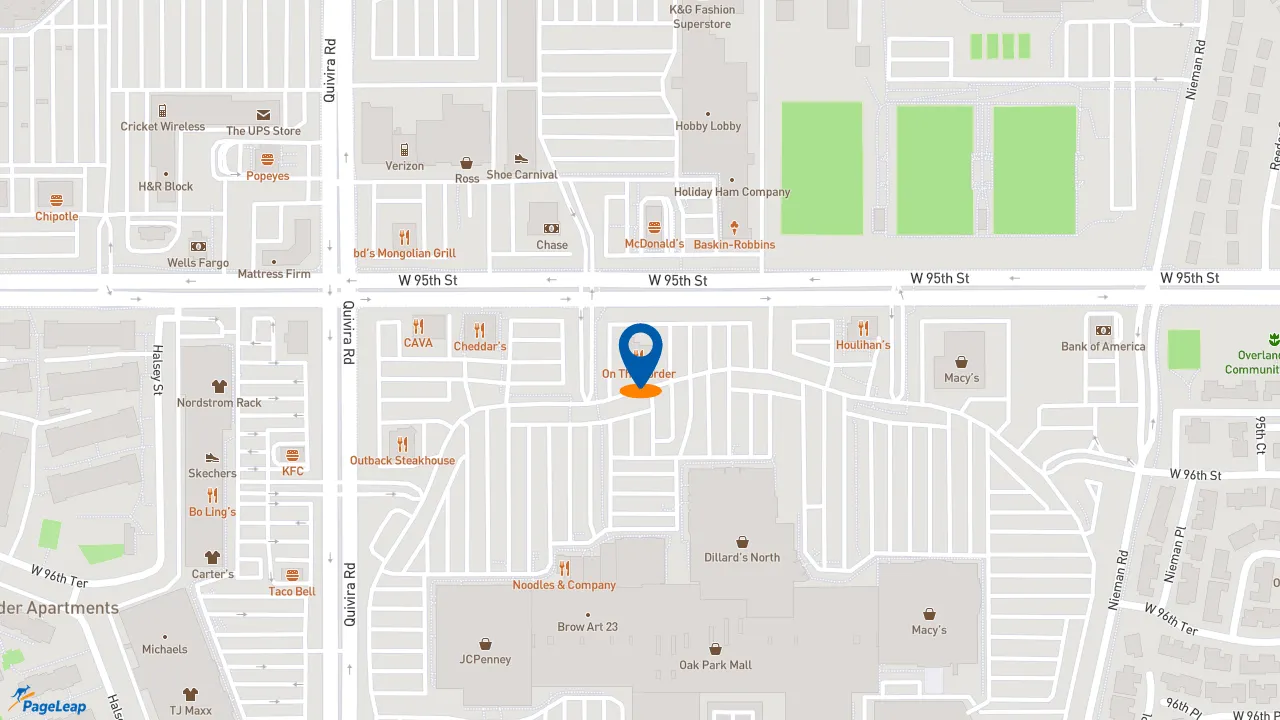 https://pageleap.com map showing location of On The Border Mexican Grill &amp; Cantina - Oak Park in Overland Park.