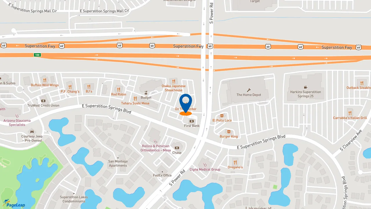 https://pageleap.com map showing location of On The Border Mexican Grill &amp; Cantina - Superstition Springs in Mesa.