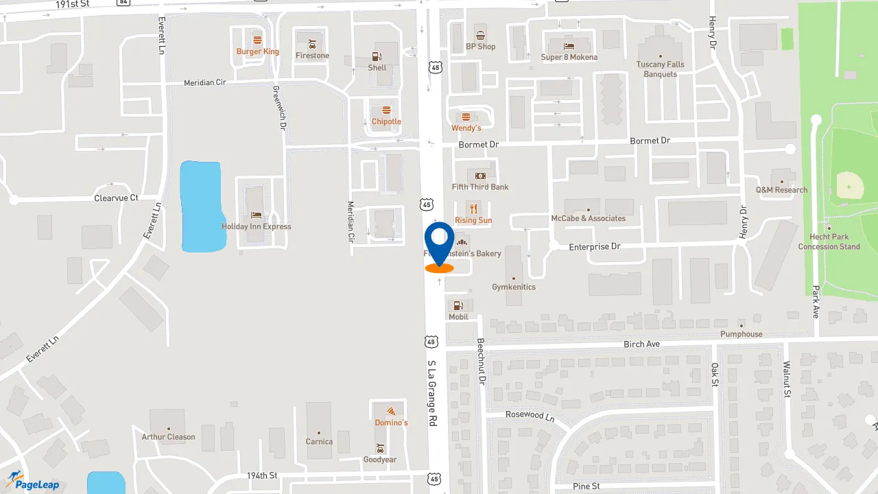 https://pageleap.com map showing location of Overstuffed Dogs, Burgers &amp; Beef in Mokena.