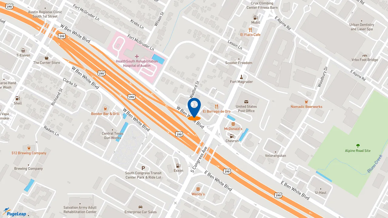 https://pageleap.com map showing location of P. Terry&#039;s Burger Stand in Austin.