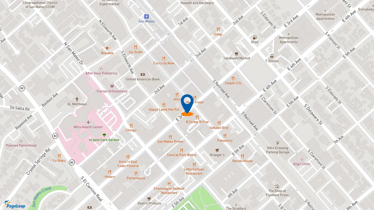 https://pageleap.com map showing location of Peet&#039;s Coffee in San Mateo.