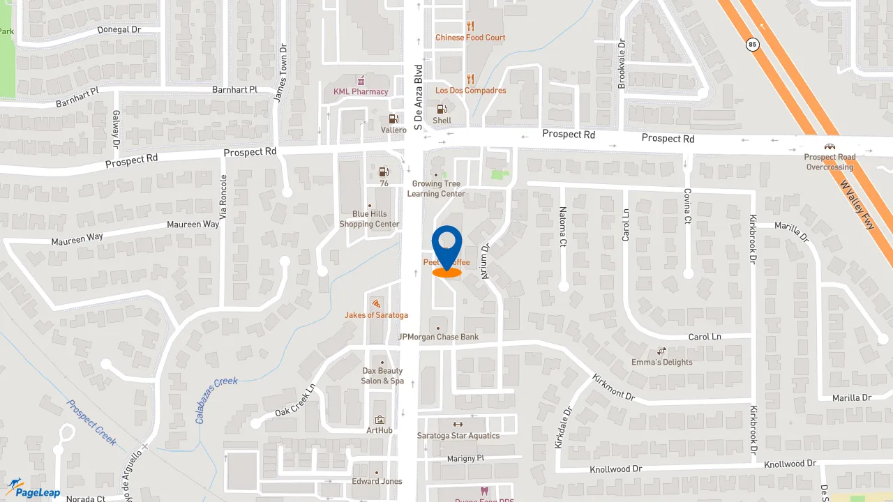 https://pageleap.com map showing location of Peet&#039;s Coffee in Saratoga.