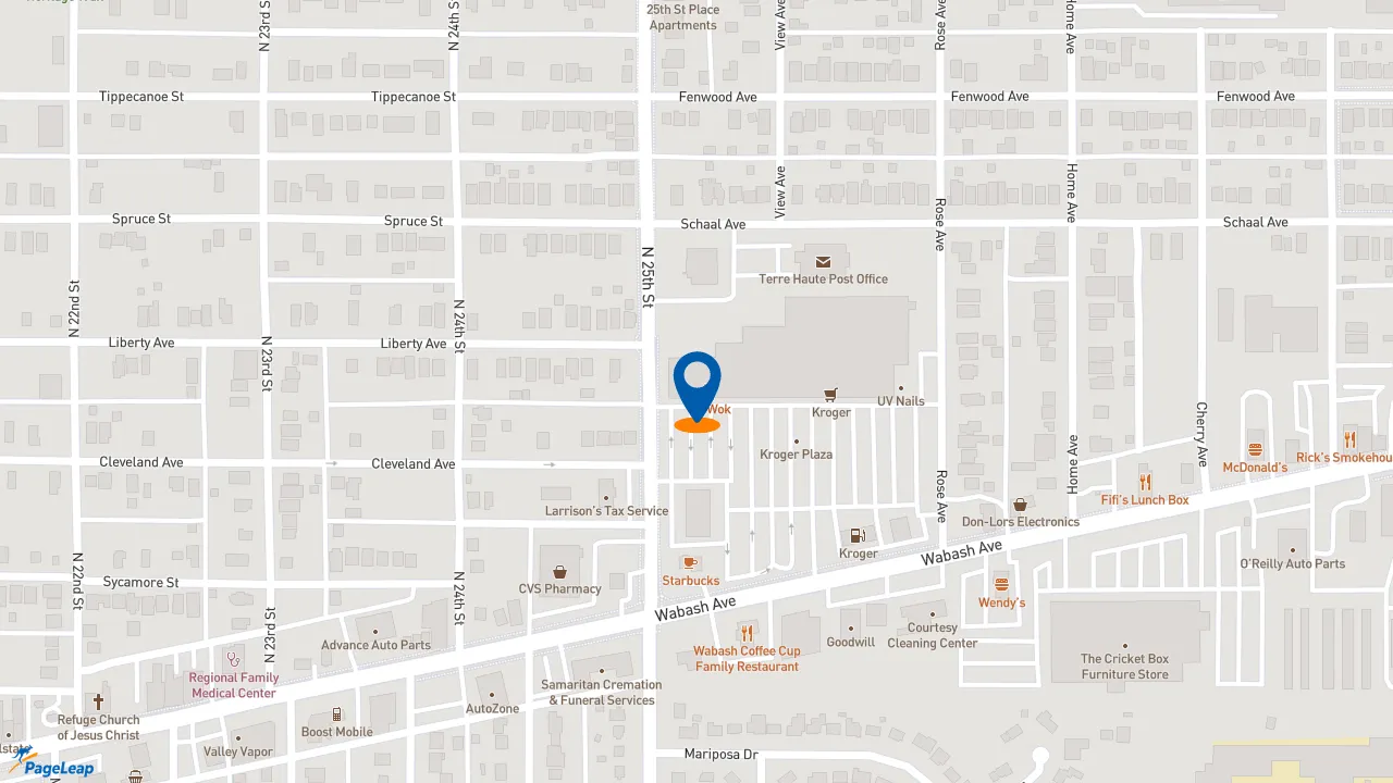 https://pageleap.com map showing location of Penn Station East Coast Subs in Terre Haute.