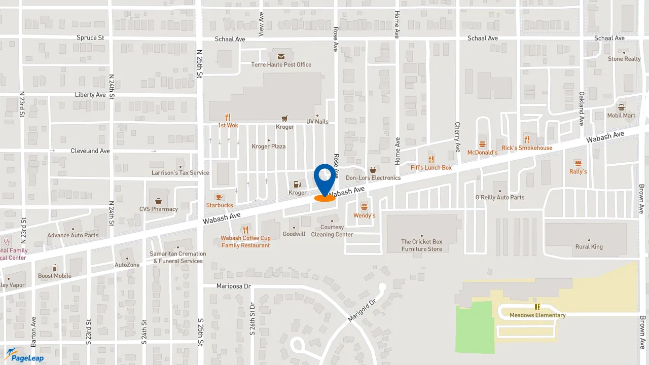 https://pageleap.com map showing location of Penn Station East Coast Subs in Terre Haute.