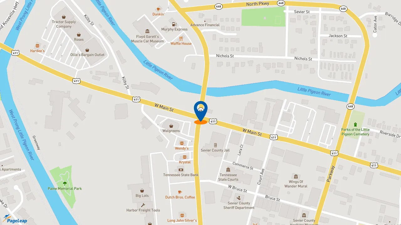 https://pageleap.com map showing location of Penn Station East Coast Subs in Sevierville.