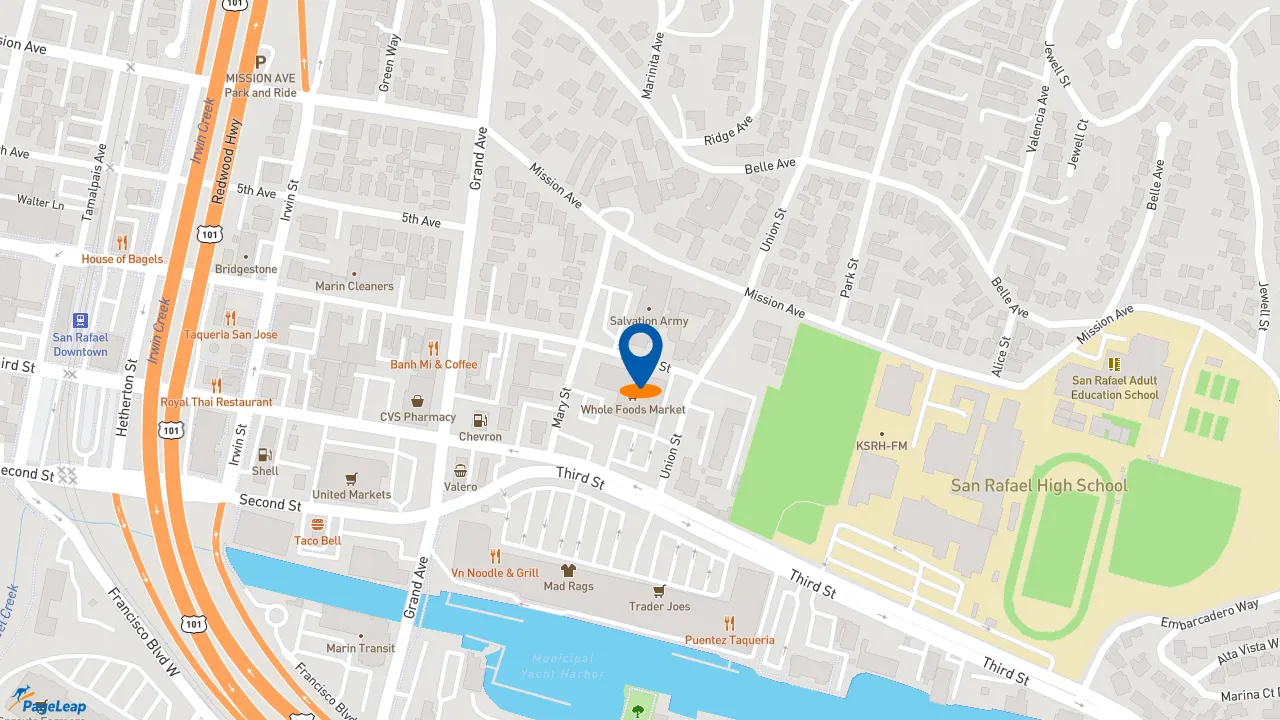 https://pageleap.com map showing location of Phyllis&#039; Giant Burgers in San Rafael.