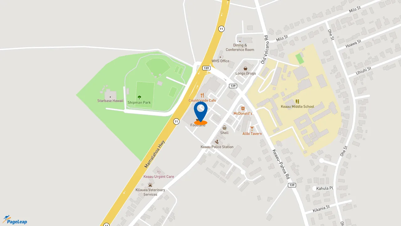 https://pageleap.com map showing location of Pizza Hut in Keaau.