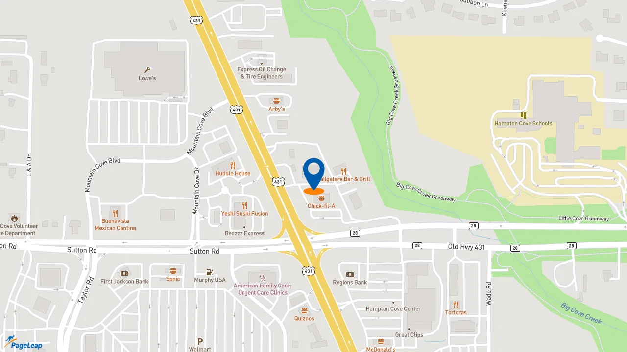 https://pageleap.com map showing location of Pizza Hut in Owens Cross Roads.