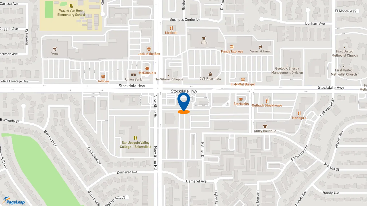 https://pageleap.com map showing location of Pizza Hut in Bakersfield.