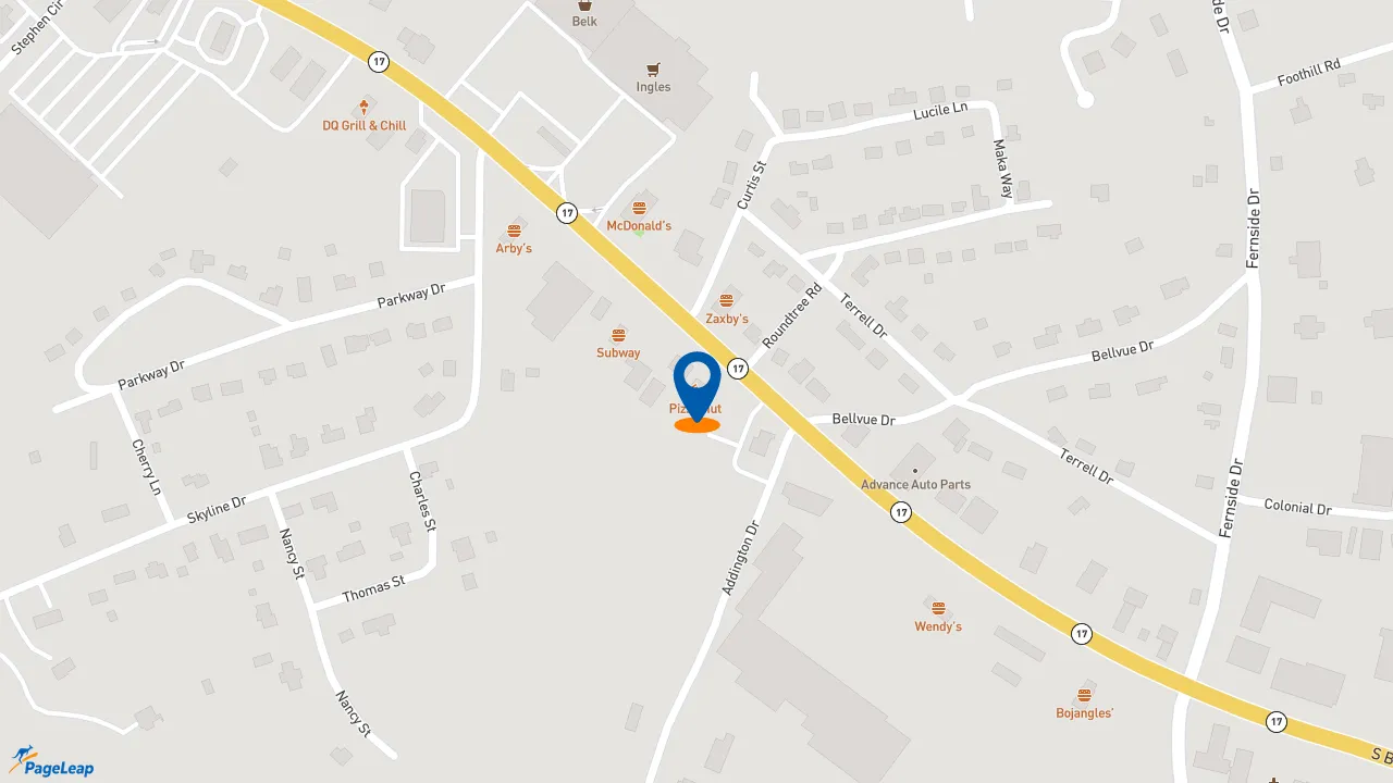 https://pageleap.com map showing location of Pizza Hut in Toccoa.