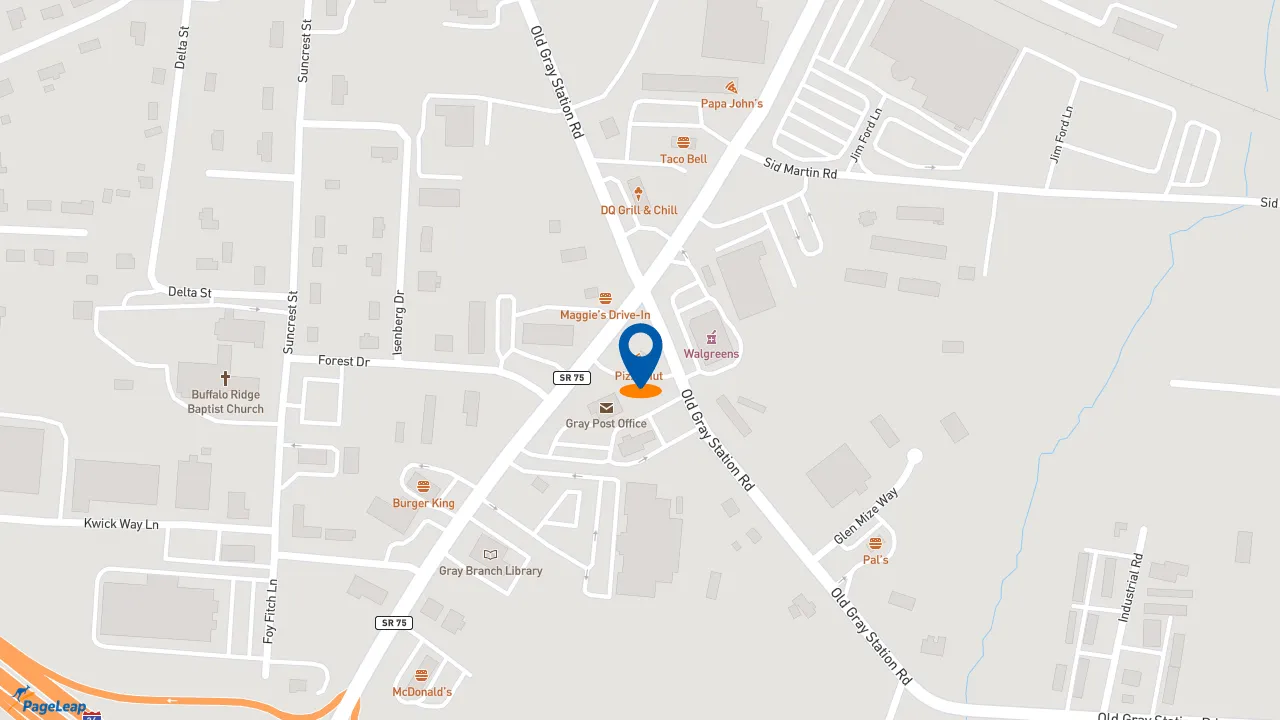 https://pageleap.com map showing location of Pizza Hut in Gray.