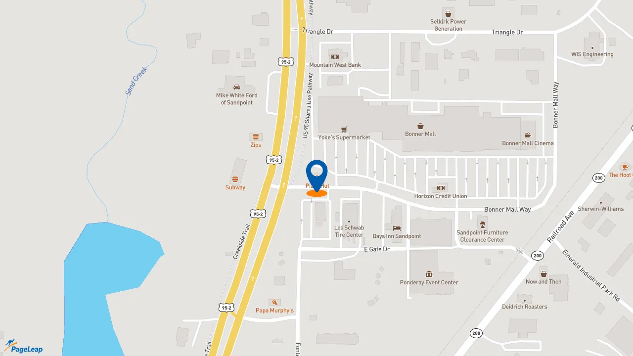 https://pageleap.com map showing location of Pizza Hut in Ponderay.