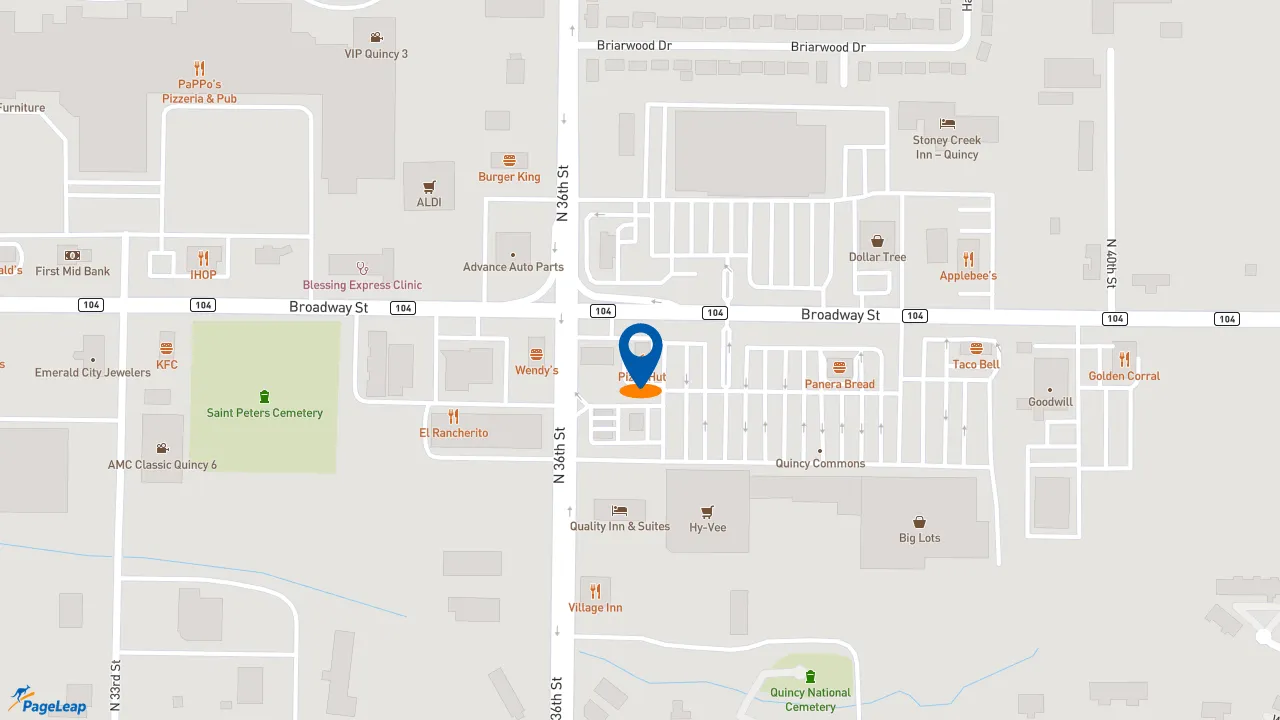 https://pageleap.com map showing location of Pizza Hut in Quincy.