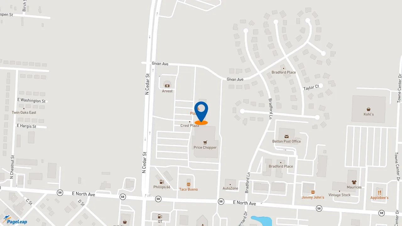 https://pageleap.com map showing location of Pizza Hut in Belton.