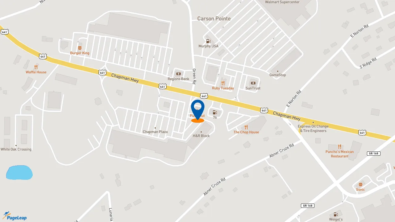 https://pageleap.com map showing location of Pizza Hut in Knoxville.