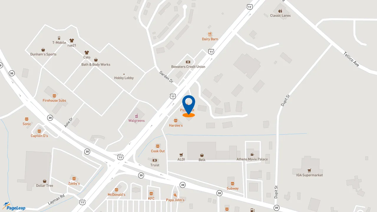 https://pageleap.com map showing location of Pizza Hut in Athens.