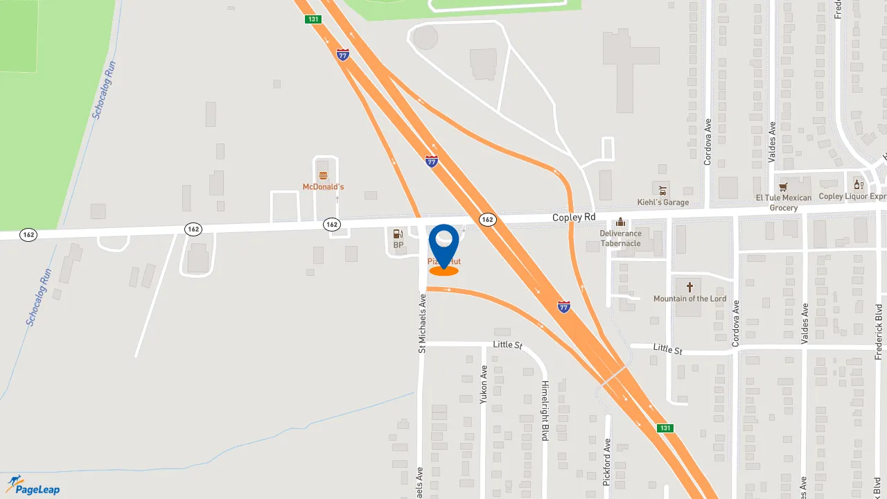 https://pageleap.com map showing location of Pizza Hut in Akron.