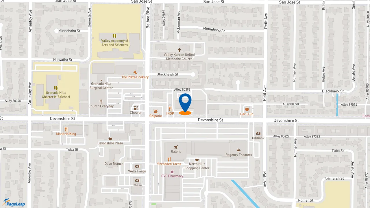 https://pageleap.com map showing location of Pizza Hut in Granada Hills.