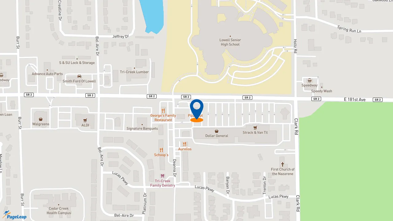 https://pageleap.com map showing location of Pizza Hut in Lowell.