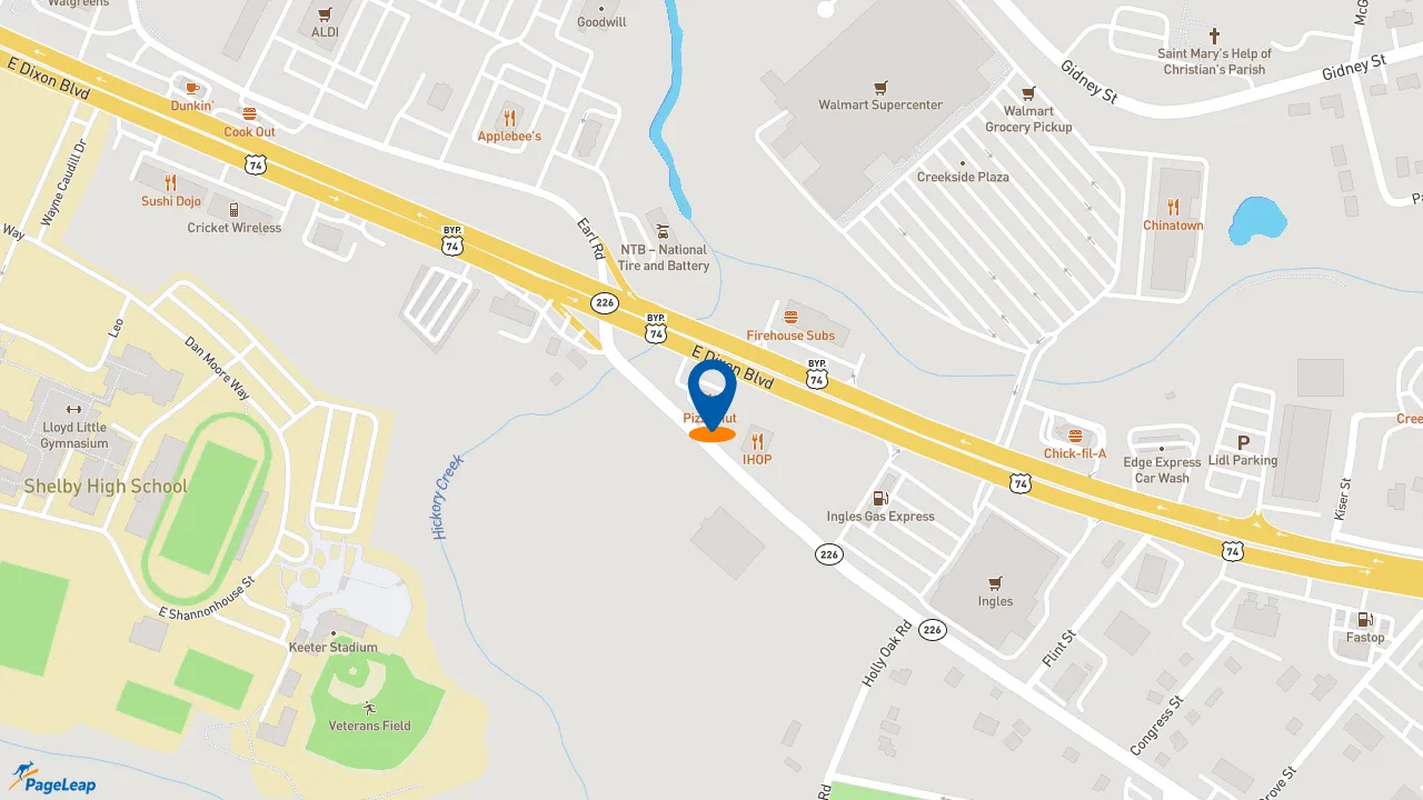 https://pageleap.com map showing location of Pizza Hut in Shelby.