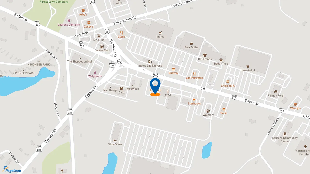 https://pageleap.com map showing location of Pizza Hut in Laurens.