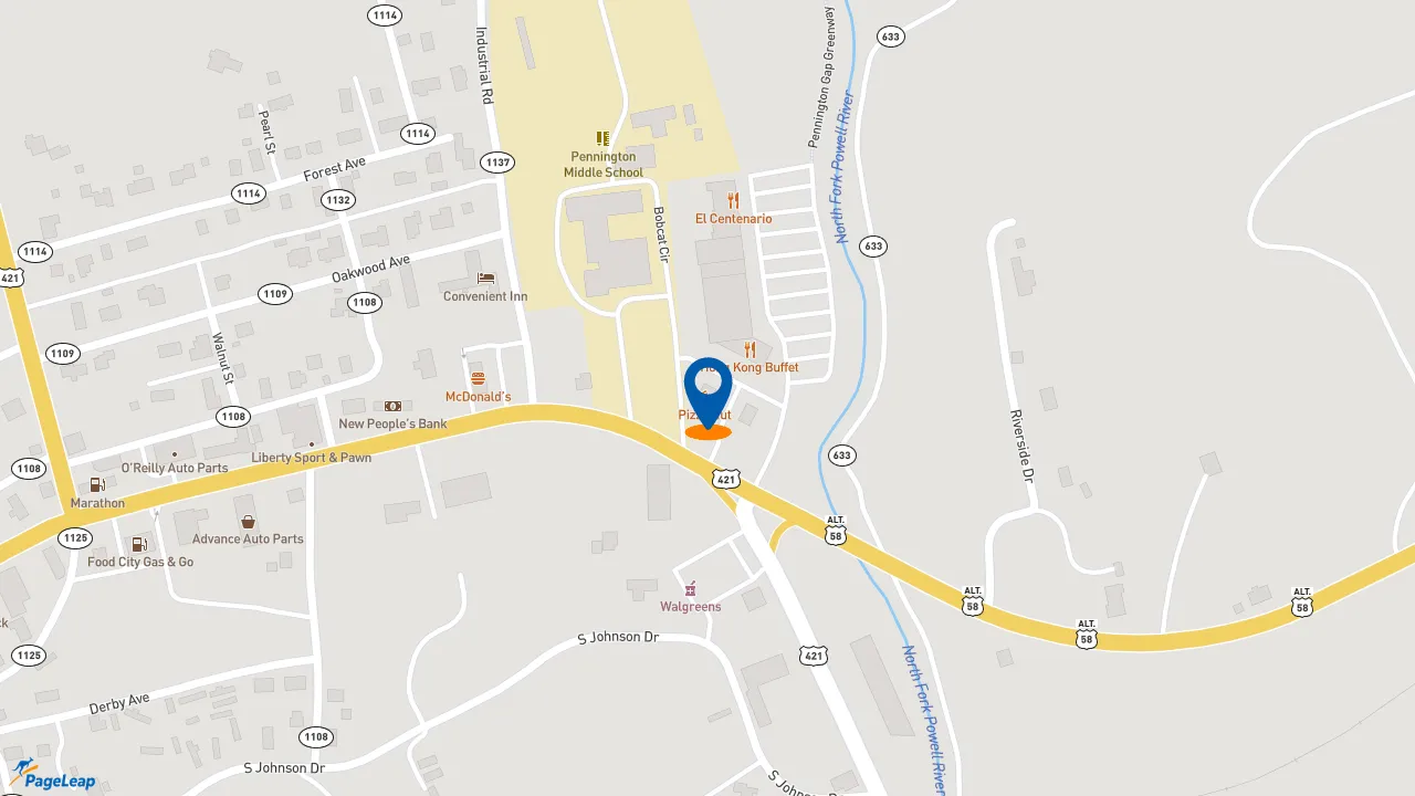 https://pageleap.com map showing location of Pizza Hut in Pennington Gap.