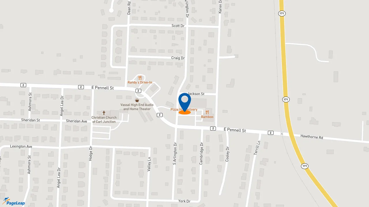 https://pageleap.com map showing location of Pizza Hut in Carl Junction.