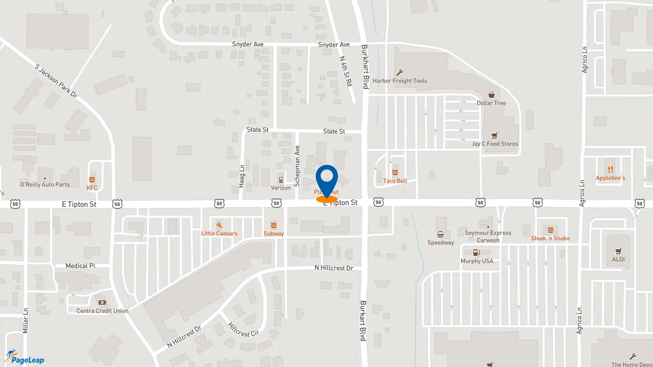 https://pageleap.com map showing location of Pizza Hut in Seymour.