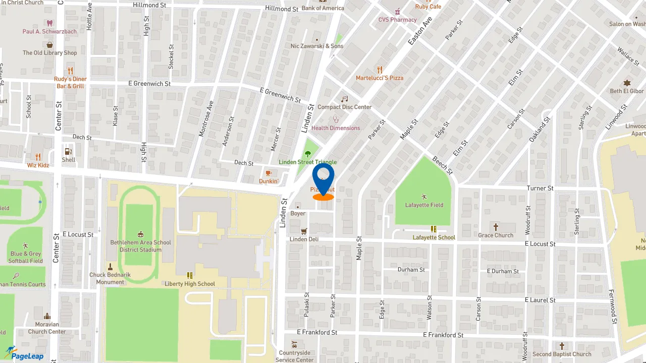https://pageleap.com map showing location of Pizza Hut in Bethlehem.