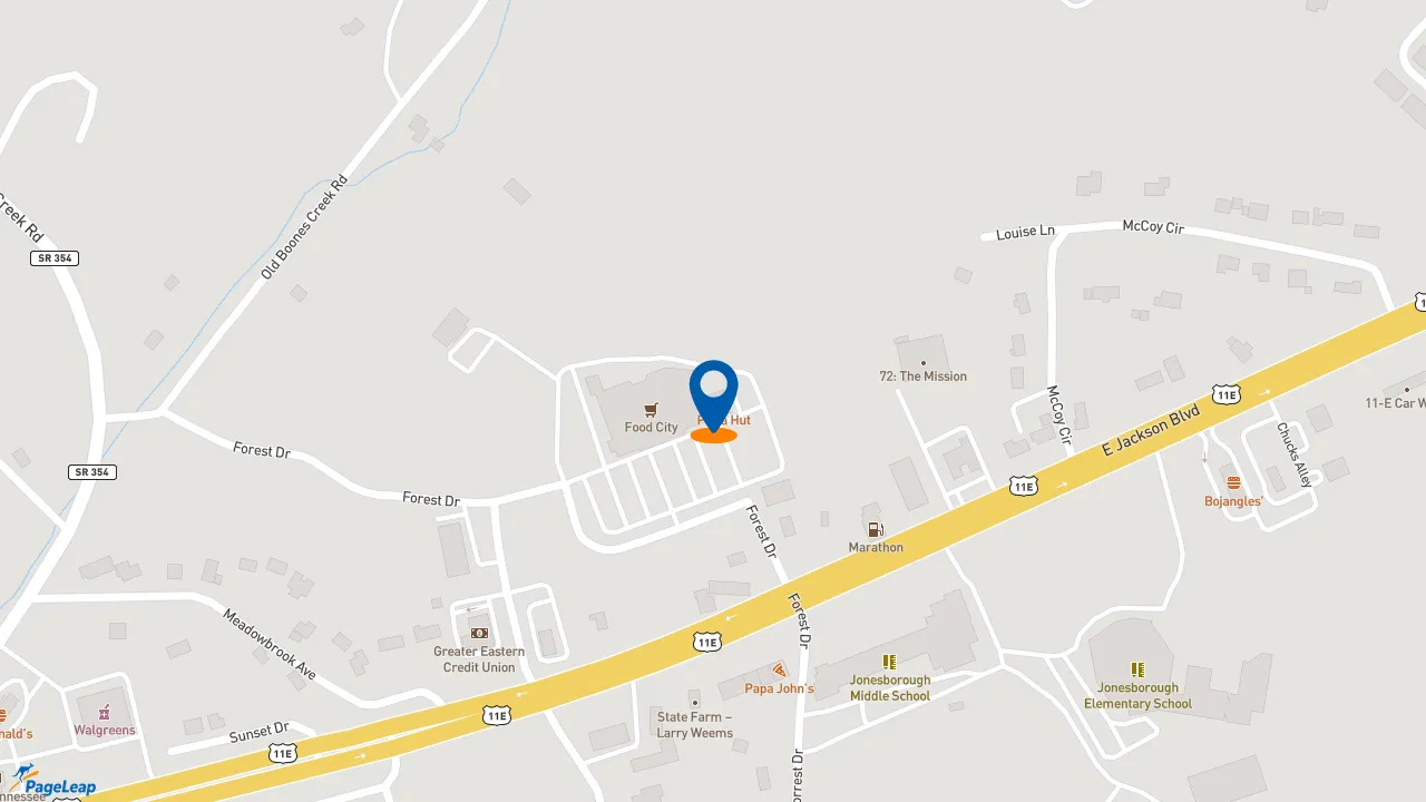 https://pageleap.com map showing location of Pizza Hut in Jonesborough.