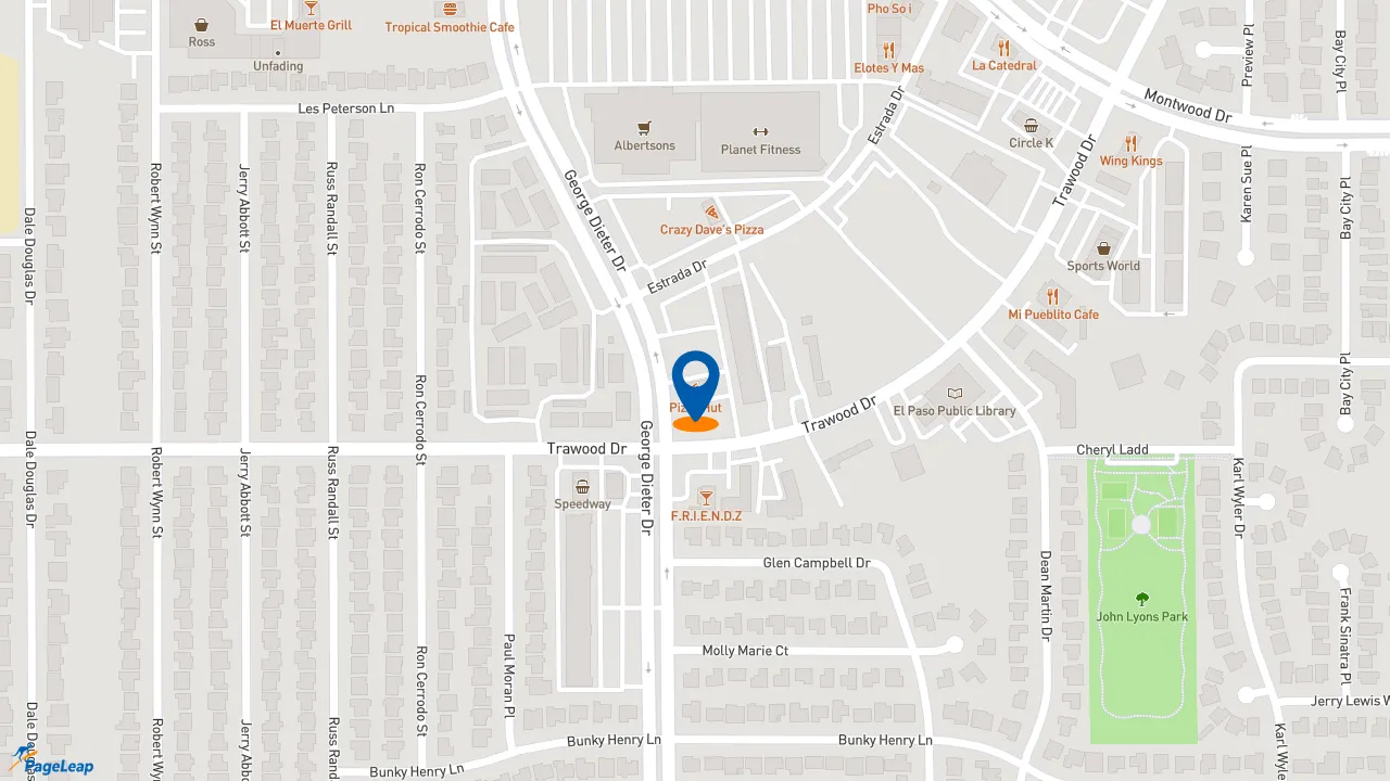 https://pageleap.com map showing location of Pizza Hut in El Paso.
