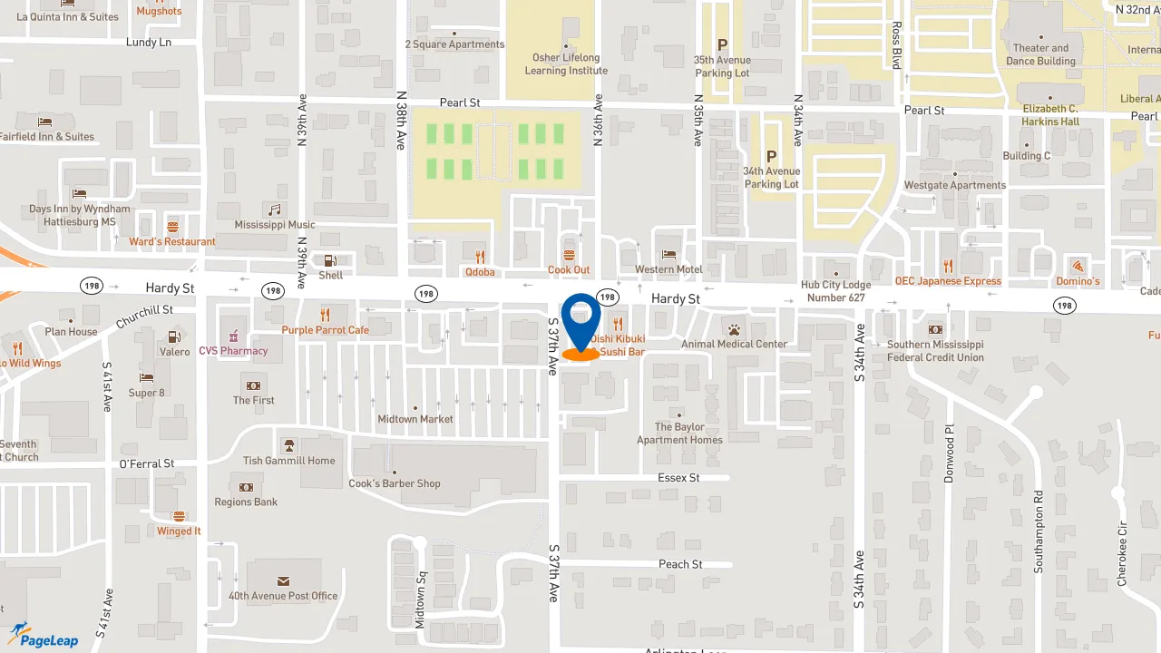 https://pageleap.com map showing location of Pizza Hut in Hattiesburg.