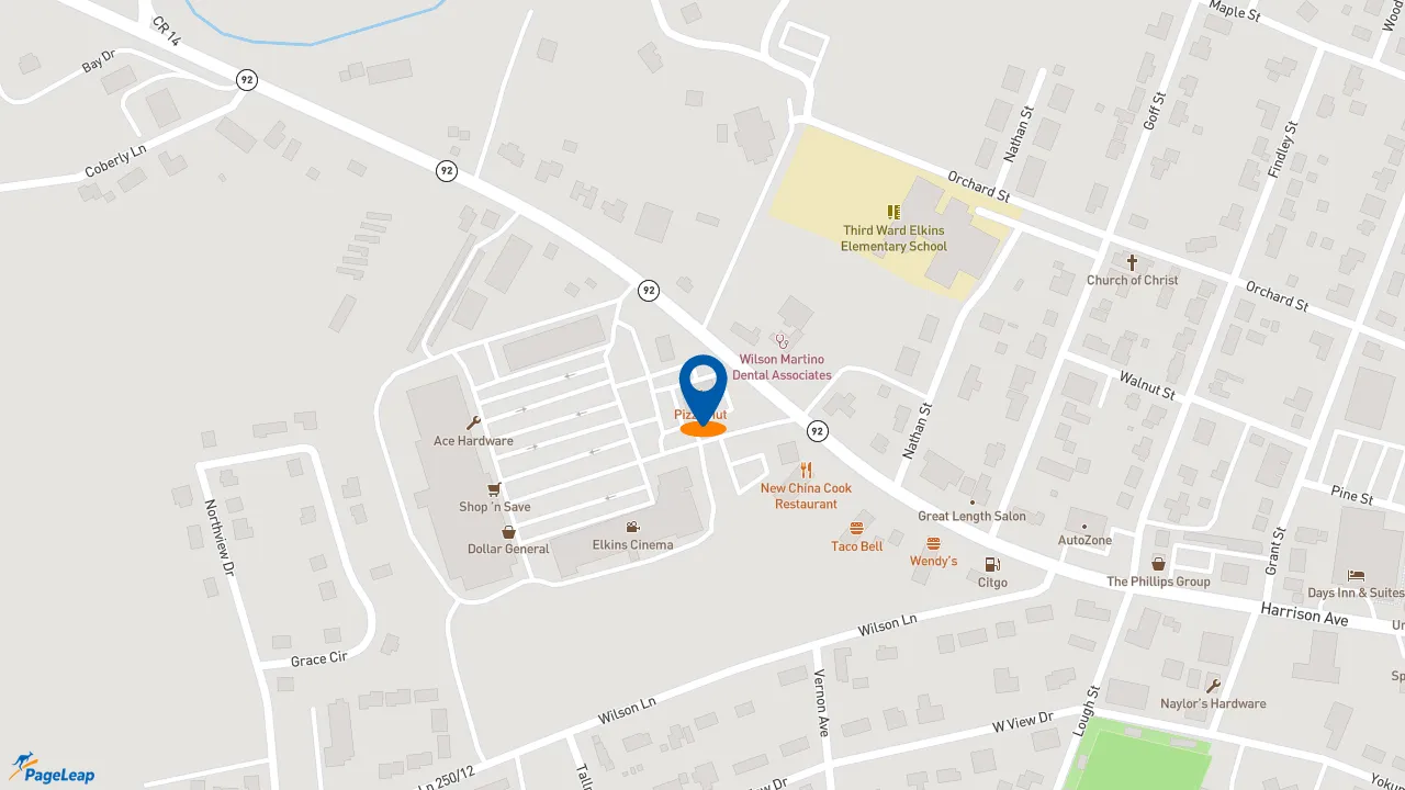 https://pageleap.com map showing location of Pizza Hut in Elkins.