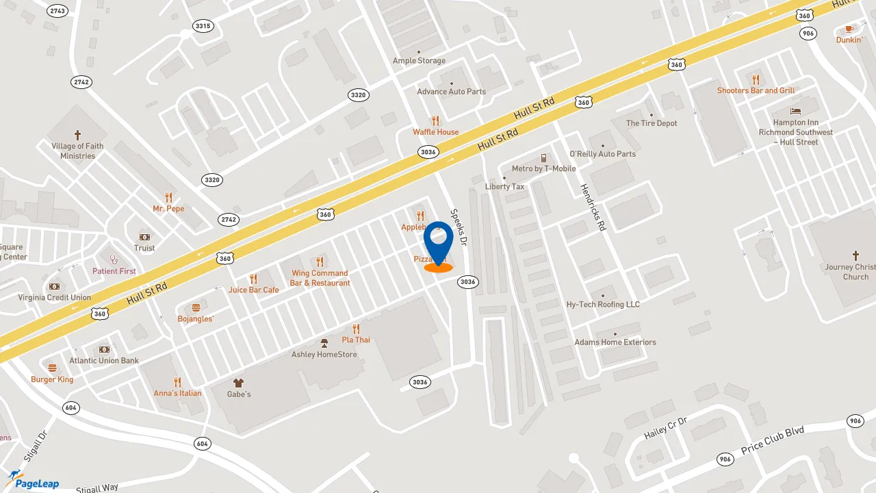 https://pageleap.com map showing location of Pizza Hut in Midlothian.