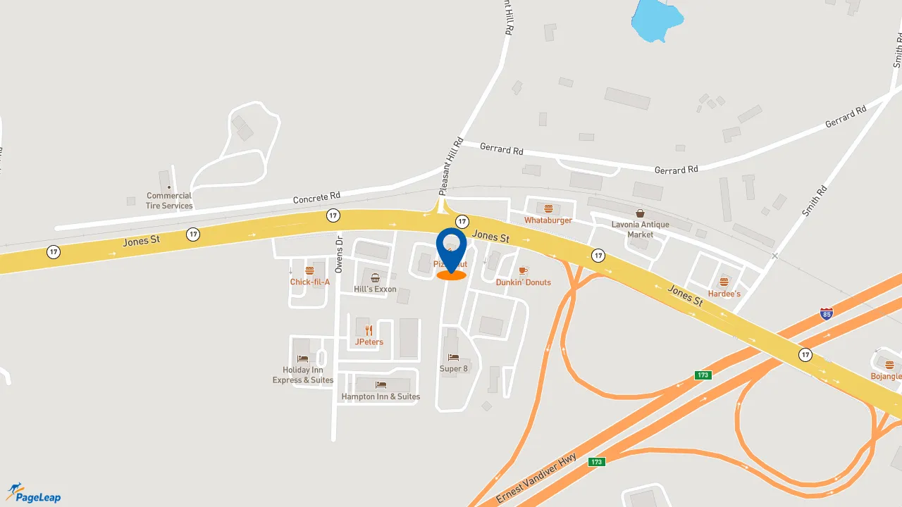 https://pageleap.com map showing location of Pizza Hut in Lavonia.