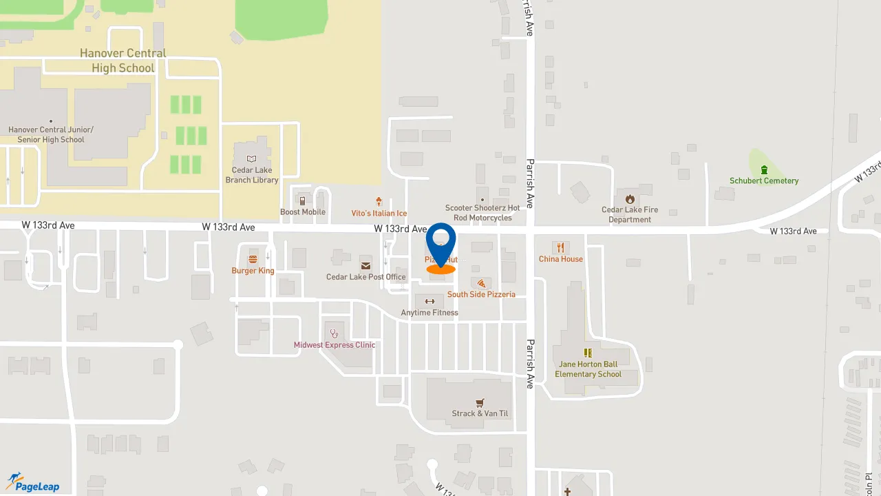 https://pageleap.com map showing location of Pizza Hut in Cedar Lake.