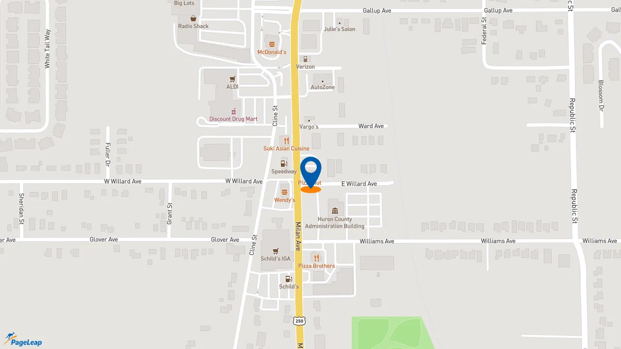 https://pageleap.com map showing location of Pizza Hut in Norwalk.