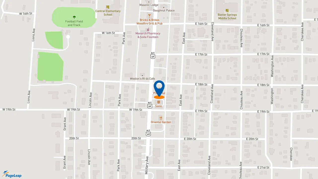 https://pageleap.com map showing location of Pizza Hut in Baxter Springs.