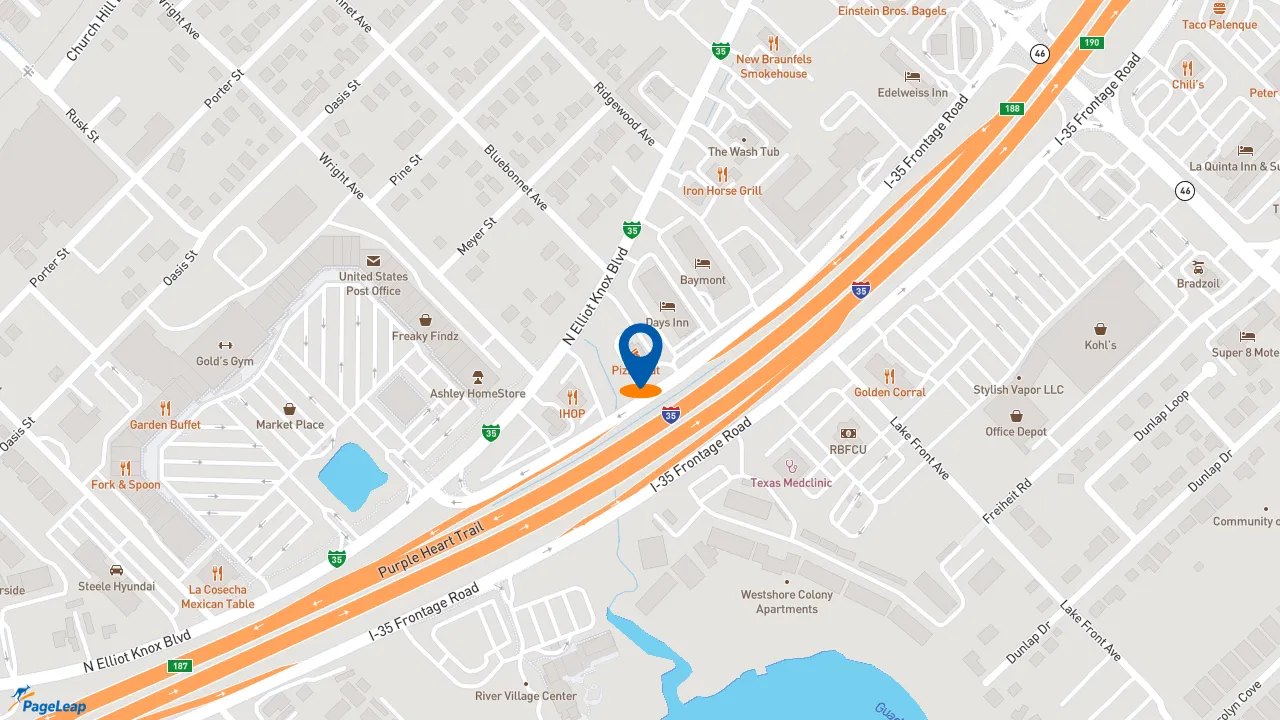 https://pageleap.com map showing location of Pizza Hut in New Braunfels.