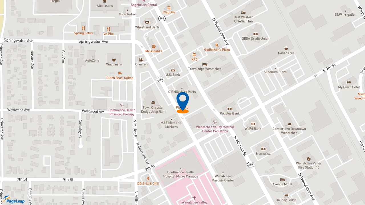 https://pageleap.com map showing location of Pizza Hut in Wenatchee.