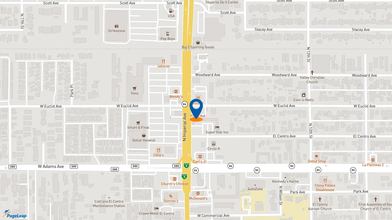 https://pageleap.com map showing location of Pizza Hut in El Centro.