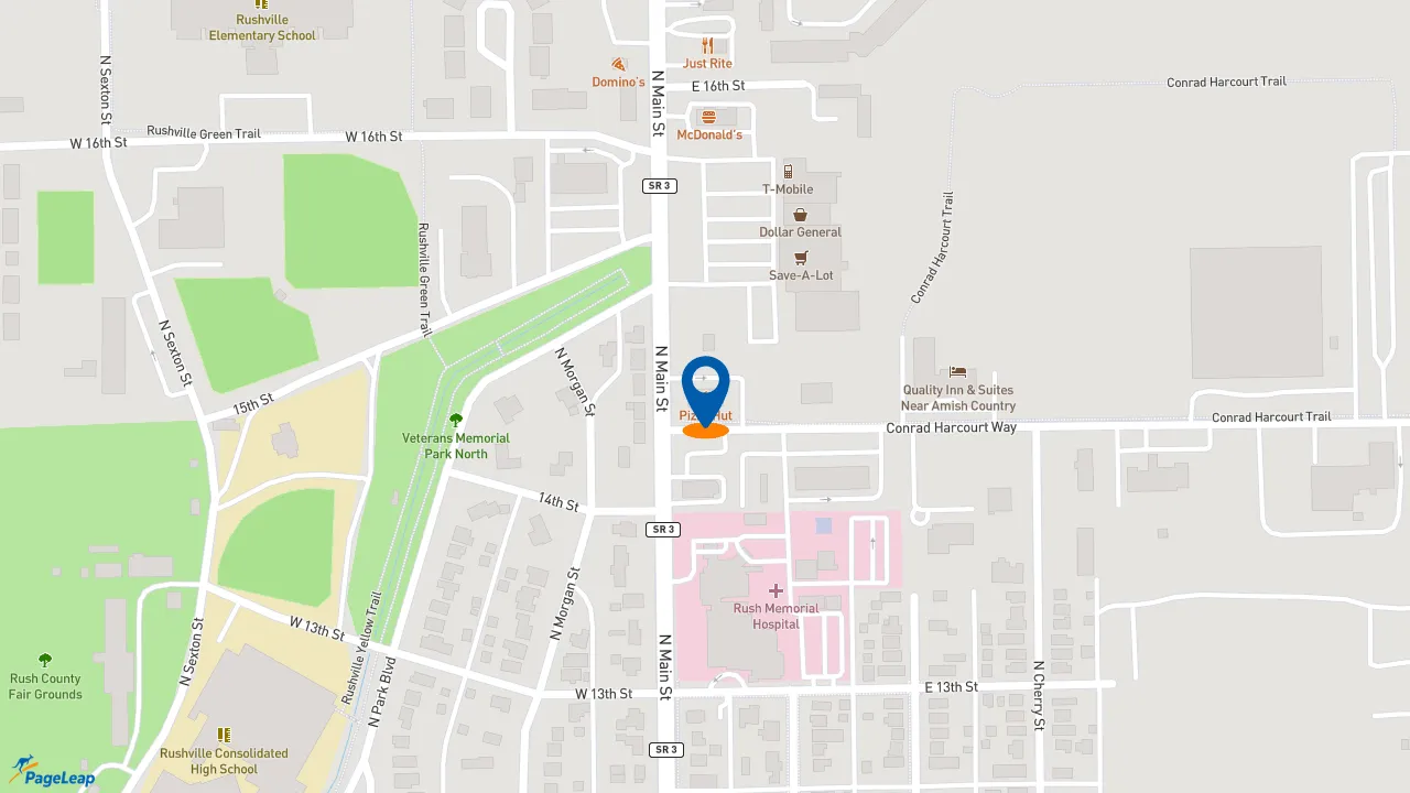 https://pageleap.com map showing location of Pizza Hut in Rushville.