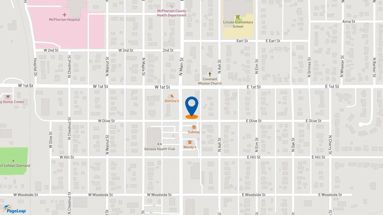 https://pageleap.com map showing location of Pizza Hut in Mcpherson.