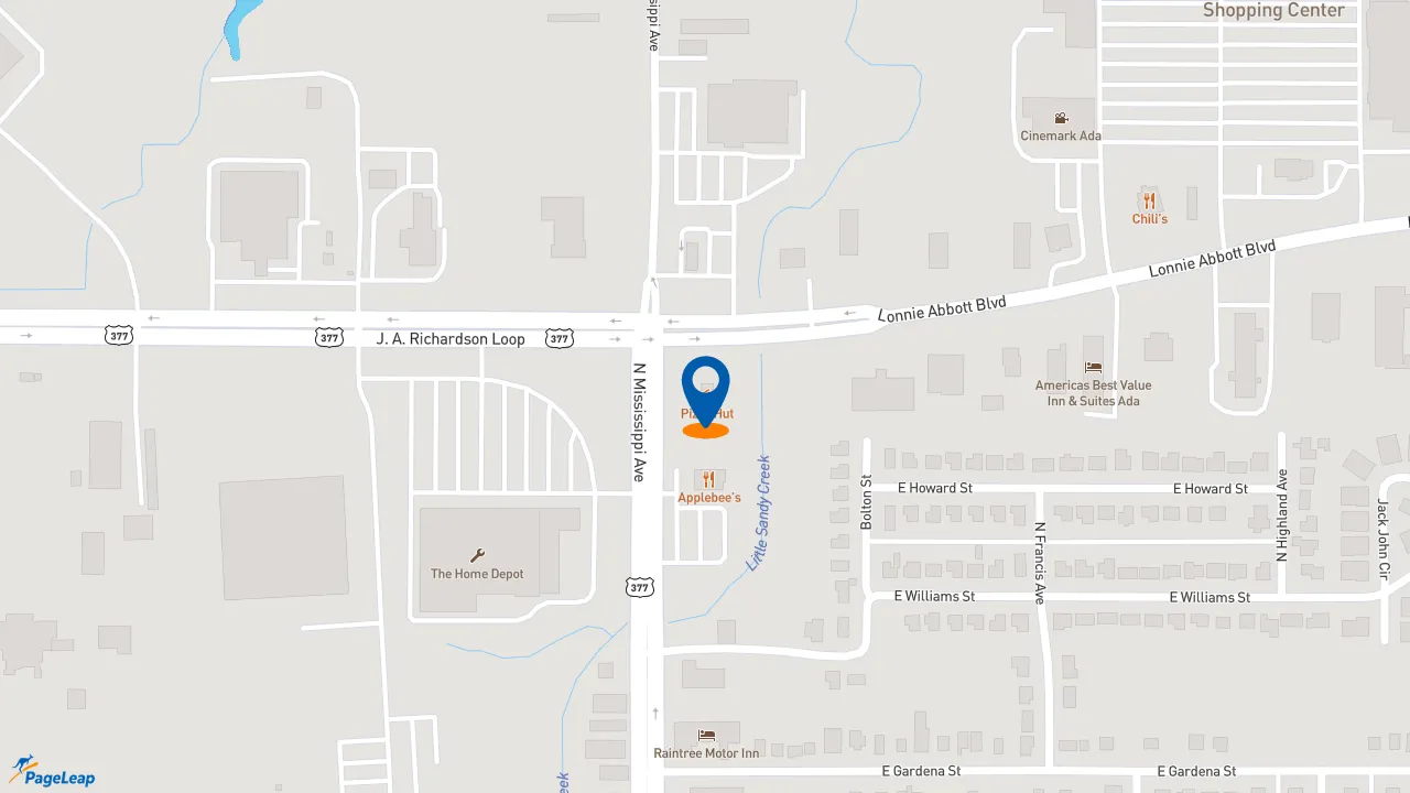 https://pageleap.com map showing location of Pizza Hut in Ada.
